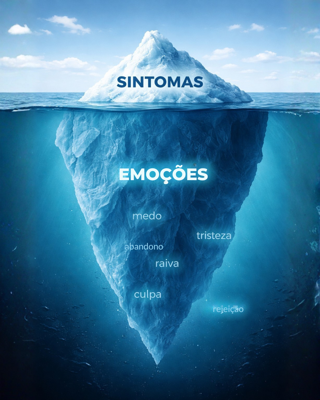 Iceberg mostrando sintomas na superfície e emoções profundas como medo, tristeza, raiva, culpa, abandono e rejeição abaixo da água
